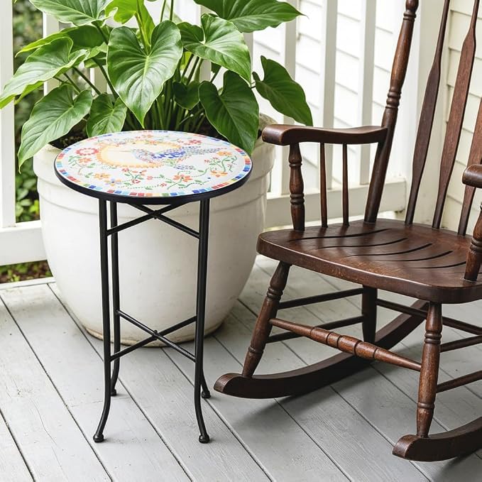 Mosaic Outdoor Side Table Small Round Patio Table Plant Stand | 21" Accent End Table with 14" Ceramic Tile Top for Small Spaces Porch Pool Garden Decor Indoor Living Room Bedroom Balcony