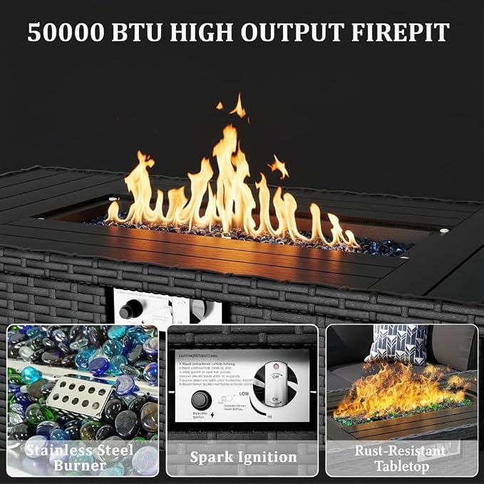 8 Pieces Outdoor Patio Furniture Set with 44" Fire Pit Table Black Rattan Sectional Conversation Sets w/Gas Fire Pit, Coffee Table, Khaki