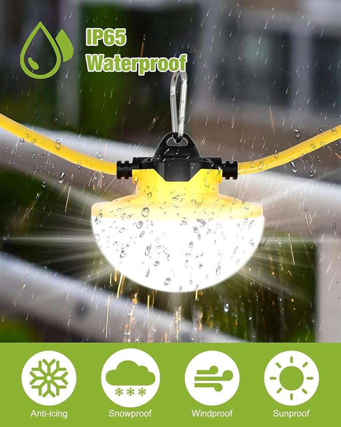 100FT LED Construction String Lights 130W 16000LM Industrial String Work Lights, 2Prong,IP65 Waterproof 18AWG Wire 5000K Super Bright for Construction Sites Temporary Work Jobsites Outdoor Lighting