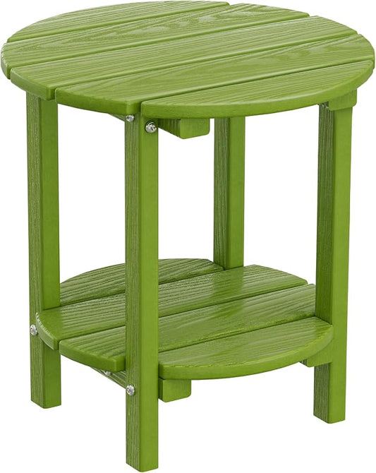 2 Tier Round Outdoor Side Table with Wood-Like Grain, HDPE Adirondack Table Patio Side Table, Weather Resistant End Table for Pool, Patio & Porch, Small Outdoor Table (Lime, Round)