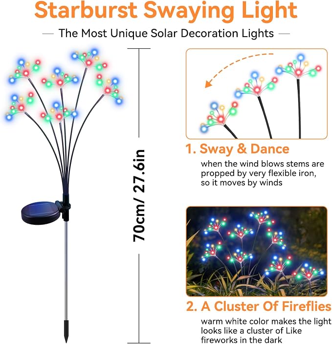 Solar Garden Lights 2 Pack Waterproof Solar Swaying Starburst Light Outdoor Lights for Yard Patio Walkway Pathway Party Wedding Christmas Decorative, Multicolor