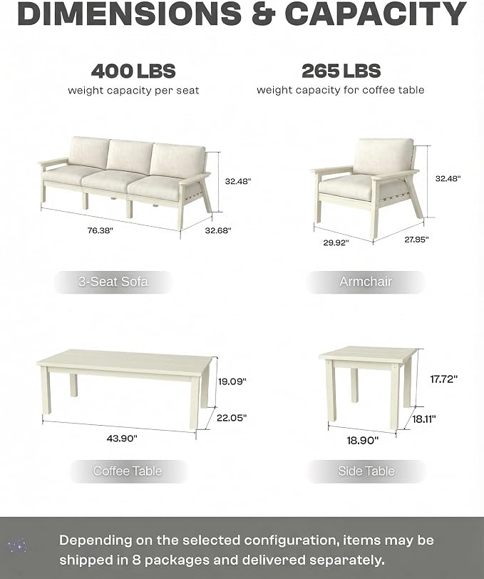 7 Piece HDPE Outdoor Furniture Set with Beige Cushions (White Frame) | All-Weather HDPE, Modular Design, Extra-Deep Seating, Thick Cushions, Ideal for Backyard, Deck & Porch