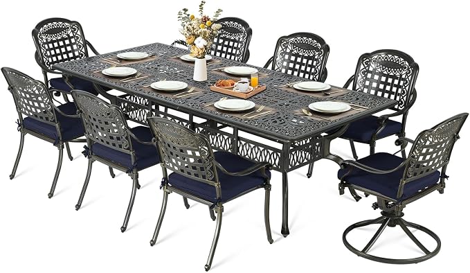 MEETWARM 9-Piece Outdoor Patio Dining Set for 8, All Weather Cast Aluminum Patio Funiture Table and Chairs Set- 94.5” Rectangle Table and 2 Swivel Rocker Chairs, 6 Stationary for Garden, Navy Blue