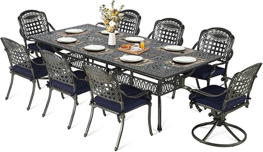 MEETWARM 9-Piece Outdoor Patio Dining Set for 8, All Weather Cast Aluminum Patio Funiture Table and Chairs Set- 94.5” Rectangle Table and 2 Swivel Rocker Chairs, 6 Stationary for Garden, Navy Blue