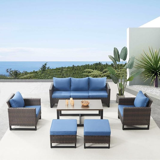 Belord 6 Piece Outdoor Furniture Patio Wicker Sofa Set, Oversize Outdoor Dining Chairs with Rattan Ottomans, Conversation Sets Patio Furniture Come with Removable Washable Cushion Blue, Brown