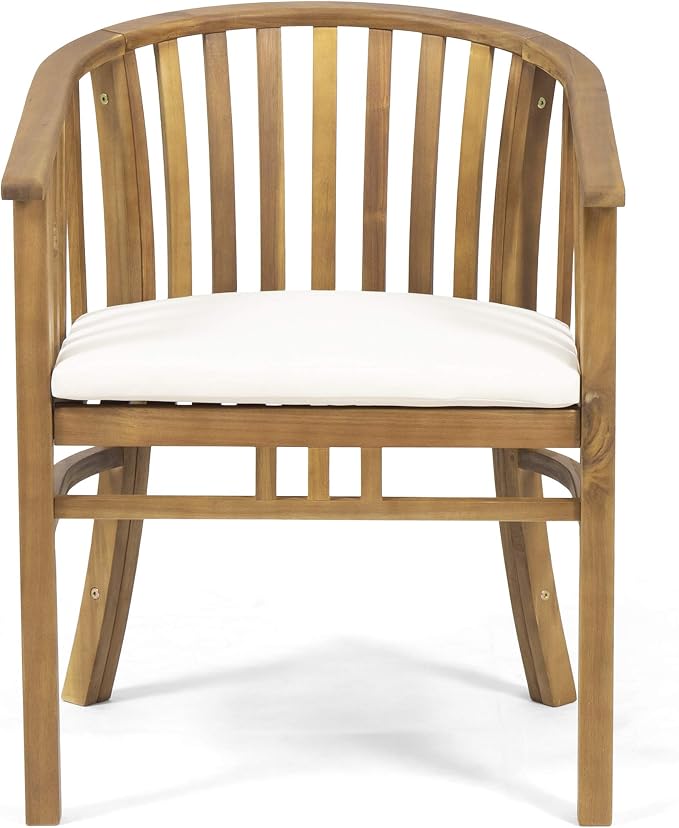 Christopher Knight Home Badaz Acacia Wood Patio Dining Set for 2, Solid Wood Outdoor Dining Table Set for 2, 3 Piece Outdoor Dining Set with Round Table and Armchair with Seat Cushion, Teak+Cream