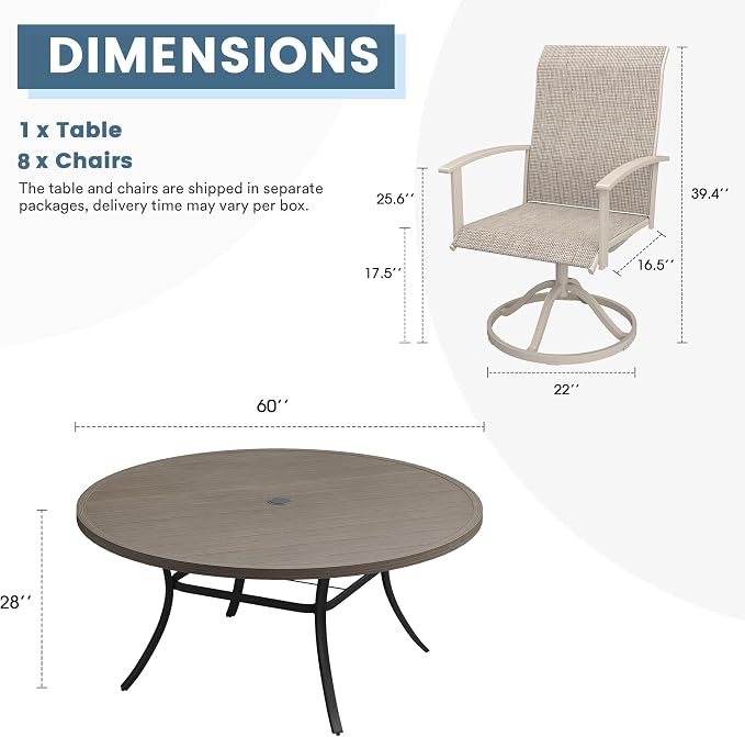 DIFY 9 Pieces Outdoor Dining Set for 8, 60" Grey Wood-Like Round Metal Table with Umbrella Hole and Sandshell Textilene Swivel Patio Chairs, Patio Table and Chairs Set for Garden, Backyard, Poolside