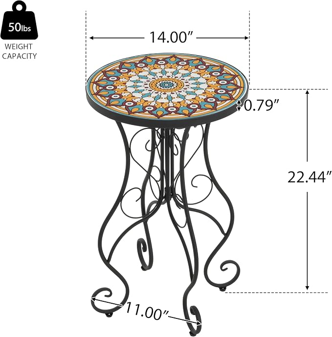 Christopher Knight Home Glady Outdoor Round Side Table, Patio Bistro Table with Ceramic Top and Metal Frame, Small Decorative Accent Table for Patio Garden Porch Balcony, Mandala