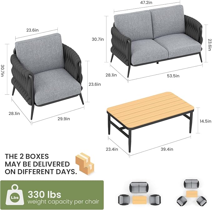 Jocoevol Patio Furniture Set, 4-Seat Outdoor Sofa Furniture Deep Seating with Coffee Table, Metal Patio Conversation Sets with Waterproof & Extra-Thick Cushions for Garden, Poolside, Backyard