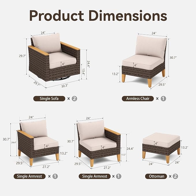 GREEN PARTY 7 Pieces Wicker Patio Furniture Set, All-Weather Outdoor Rattan Patio Sectional Sofa Conversation Set 7 Seats with 4" Thick Cushions for Garden, Backyard, 2 x Swivel Chairs