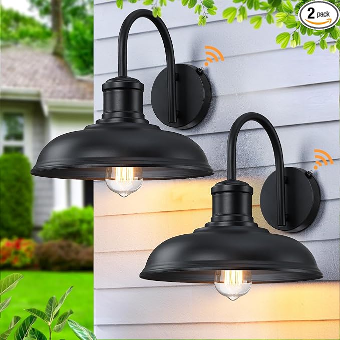 12'' Diameter Dusk to Dawn Outdoor Gooseneck Barn Light, Black | Large Exterior Lighting Fixture, Outdoor Wall Sconce Farmhouse Industrial Wall Lantern for Porch, Garage, Black, 2 Packs