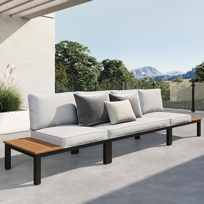 Sophia & William 3 Pieces Outdoor Patio Furniture Set, Metal Sectional Sofa Set Patio Conversation Set with Cushions-2 x Single Sofa with Side Table, 1 x Loveseat