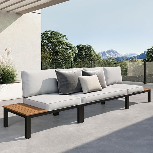 Sophia & William 3 Pieces Outdoor Patio Furniture Set, Metal Sectional Sofa Set Patio Conversation Set with Cushions-2 x Single Sofa with Side Table, 1 x Loveseat