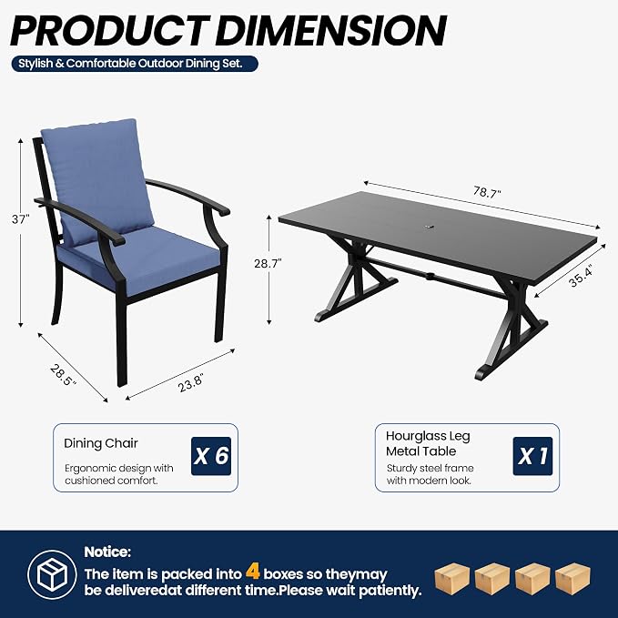Kullavik 7 Pcs Outdoor Dining Set,Patio Dining Table and Chairs Set for 6,Fence Pattern Back Chairs with Thickened Cushions & X-Frame Metal Dining Table with Umbrella Hole for Patio,Navy Blue