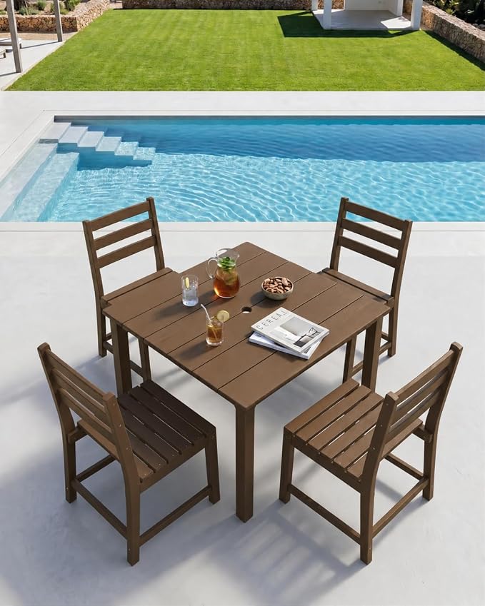 HDPE Outdoor Dining Set for 4, Square Table and Chairs, Brown | All-Weather HDPE, Wood Grain Finish, 42.5" Square Table, Built-In Umbrella Hole, Seats 4, Patio & Poolside Ready