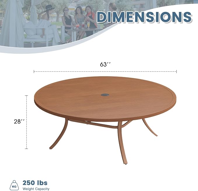 DIFY 63" Round Outdoor Patio Dining Table for 8-10, Metal Patio Table with 1.57" Adjustable Umbrella Hole, All-Weather Outdoor Furniture Table for Garden Backyard Deck, Walnut