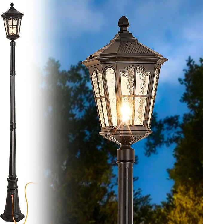 Dusk to Dawn Outdoor Post Lights with Outlet, Waterproof Outside Pole Light with Water Ripple Glass, Exterior Vintage Black Street Lamp Fixtures for Garden, Pathway, Yard