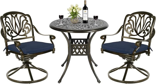 MEETWARM 3-Piece Outdoor Patio Dining Set, All-Weather Cast Aluminum Patio Conversation Set for Backyard Garden Deck with 2 Cushions Swivel Rocker Chairs and 31" Round Table, Umbrella Hole, Navy Blue