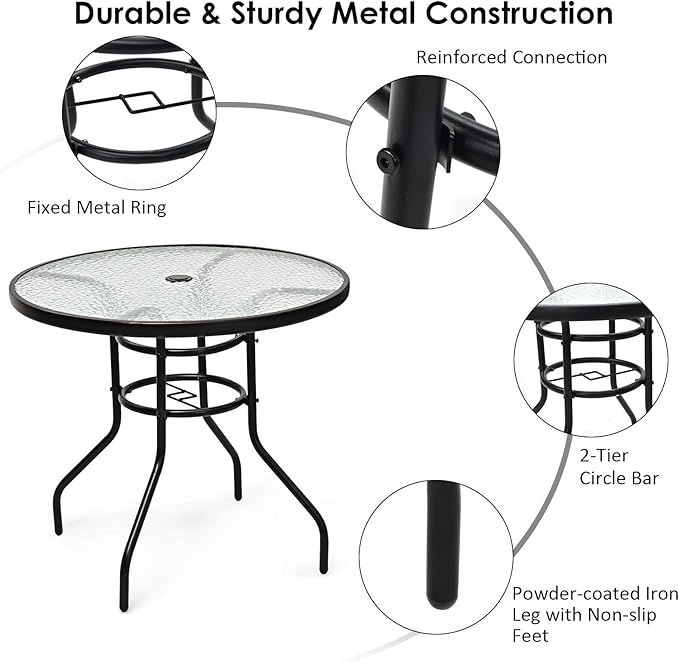 KOTEK 32'' Patio Table with Umbrella Hole, Outdoor Bistro Table w/Tempered Glass Top & Sturdy Metal Frame, Round Patio Dining Table Coffee Table for Garden, Balcony, Poolside