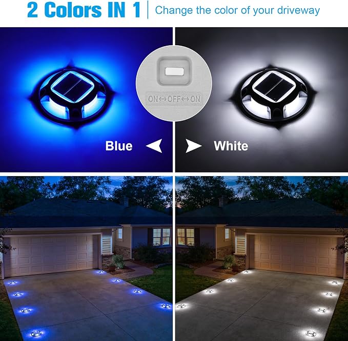VOLISUN Solar Driveway Marker Lights Dock Marine Led Deck Outdoor 8 Pack | 2 Colors in 1,Solar Powered Waterproof Warning Step Lights for Pathway Garden Sidewalk Walkway (Blue/White)