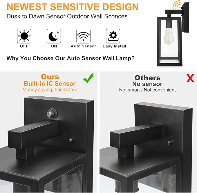 SHINE HAI Dusk to Dawn Sensor Outdoor Wall Sconce, Exterior Porch Lantern Fixture with E26 Socket & Glass Shade, Waterproof Wall Mount Lighting for Patio Front Door Entryway