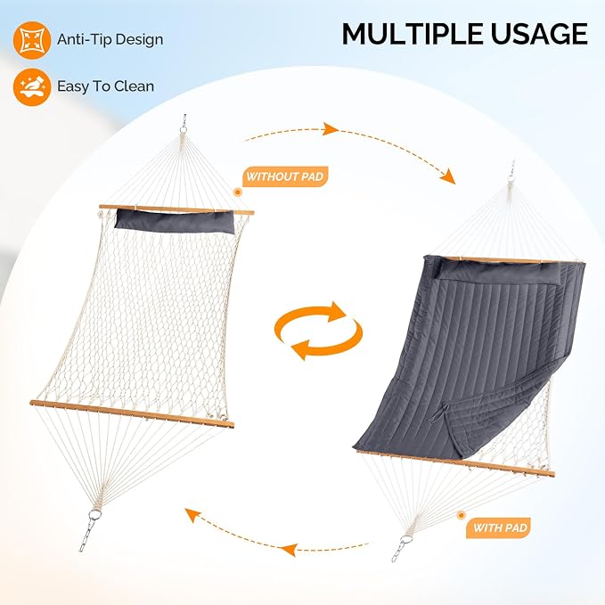 ONCLOUD Hammock with Stand, Double-Barrel Hammock with Hammock Bed, Heavy Duty Adjustable Hammock Set for Outdoors, Patio, Yard, Garden, 550 LBS (Gray)