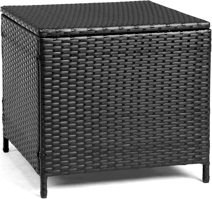Wicker Rattan Patio Side Table with Lid, 27 Gallon PE Rattan Deck Box Patio Storage Chest, Wicker Storage Box Outdoor Coffee End Table for Porch Lawn (Black)