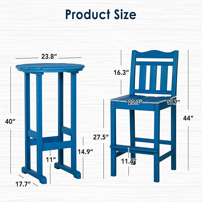 nalone 3 Pcs Outdoor Bar Table and Chairs Set, HDPE High Adirondack Chairs and Table Set, Outdoor Bar Stools Set for Garden, Yard, Backyard Balcony