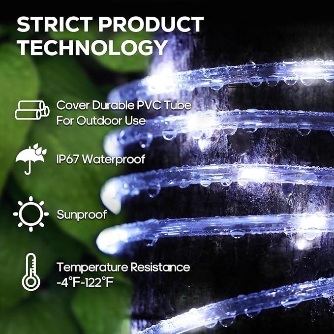 ICRGB Solar Rope Lights Outdoor, 39FT 100 LED (Cool White, 39FT) | With Remote, Waterproof, 8 Modes, for Outdoor Patio Porch Tree Wedding Christmas Pool Garden Decorative