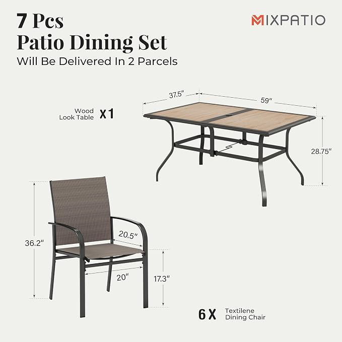 MIXPATIO 7 Pieces Patio Table and Chairs Set, Outdoor Dining Furniture Set for 6, 6 Brown Textilene Chairs and 61" Wood-Like Table Top with Umbrella Hole, for Deck Backyard Lawn