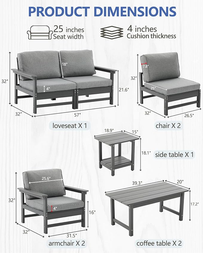 HDPE Outdoor Patio Furniture Set, 9-Piece Sofa Set with 4-Seat Couch, 2 Armchairs,Side Table & 2 Coffee Tables, Weatherproof Conversation Set with Cushions,for Garden, Porch & Backyard