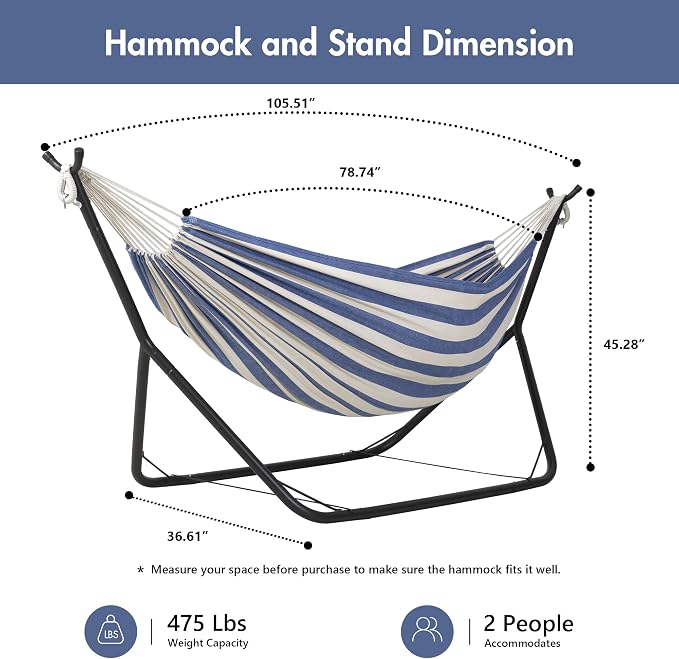 ANOW Two Person Hammock with Stand for Outside, Space Saving Hammock Stand with Adjustable Height, 475 Lbs Capacity, Blue and White Stripe