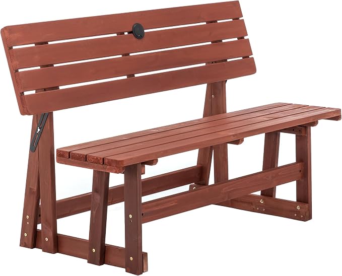 KEIKI 2-in-1 Convertible Wood Picnic Table & Bench with Umbrella Hole | 2-in-1 folding bench and picnic table with umbrella hole, solid wood frame, 500 lb bench capacity