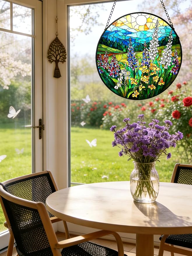 Wildflowers Stained Glass Suncatcher Window Hanging Gifts for Women Men | 6.3in Garden Sun Catcher, Plant Scenery Flower Sunrise Ornament for Door Home, Gift for Mom Grandma & Mother's Day Christmas