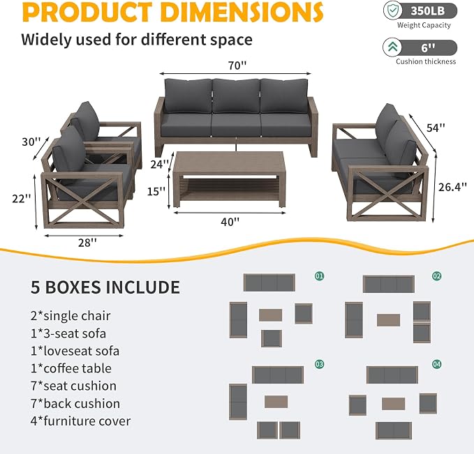 Amopatio Aluminum Patio Furniture Set, 8 Pieces Modern Metal Outdoor Furniture, Faux Wood Grain Finish Frame Patio Sofa Sets with 6" Cushion for Backyard, Dark Grey (Included Waterproof Covers)