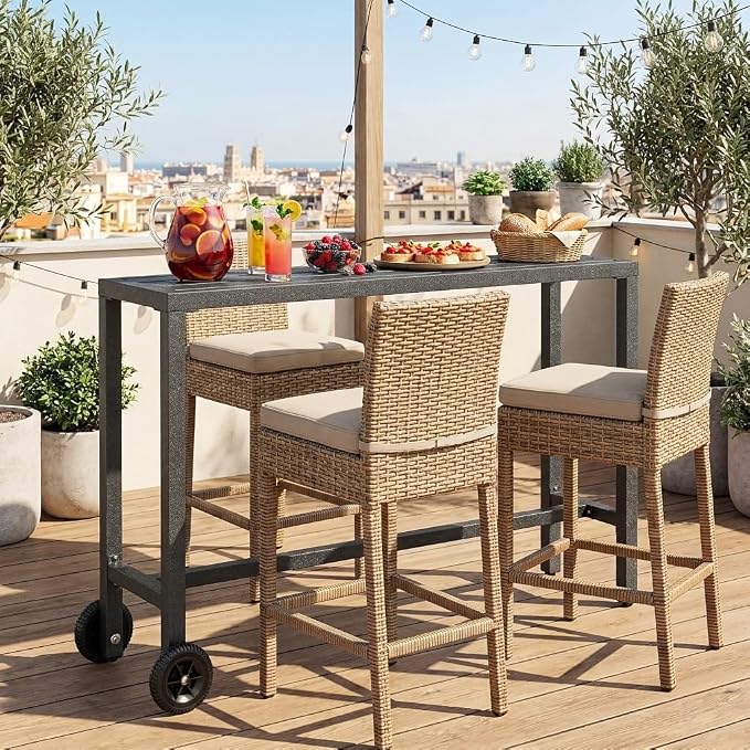 YITAHOME Outdoor Bar Table with Wheels, 55" Metal Patio Bar Height Table, Narrow Rectangle Console Table for Balcony Garden Poolside, Silver Bottom Texture