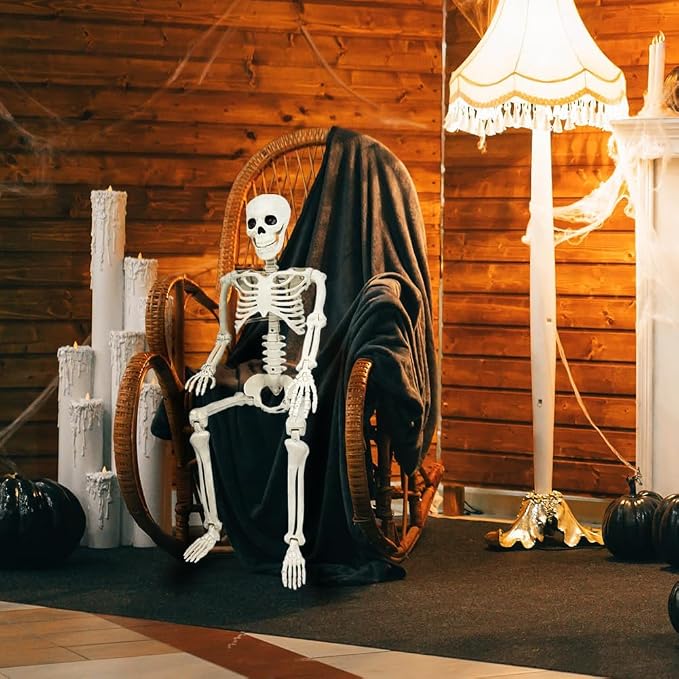 36" Skeleton Halloween Decorations, 3FT Realistic Full Body Movable Posable Joints Skeleton, Creepy Halloween Plastic Skeleton for Graveyard Decorations, Haunted House Props Indoor/Outdoor Decor