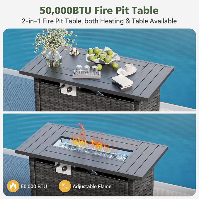 Aoxun 11 Piece Outdoor Patio Furniture Set with 44'' Fire Pit Table, Wicker Rattan Outdoor Furniture with High Back Swivel Rocker Chairs, Outdoor Sofa Set with Thick Cushion & Side Table, Navy Blue