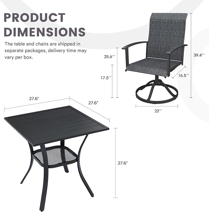 3 Pieces Outdoor Patio Dining Bar Set, 27.6" All Weather Square Metal Slatted Table with Storage Shelf and 2 High Back Textilene Swivel Chairs for Garden, Lawn, Black