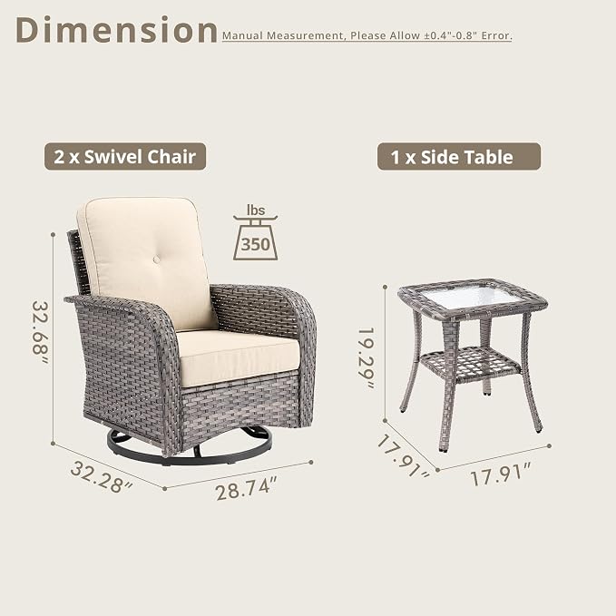 8 Piece Patio Swivel Rocker Chairs Set with Side Table, Beige | High Back Deep Seating, All Weather Wicker, Outdoor Glider Chair Set, Porch Deck Backyard Balcony Furniture