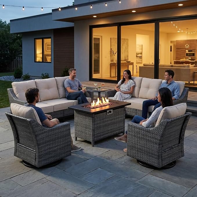 7-Piece Outdoor Patio Furniture Set, Grey Wicker Conversation Set with Sofa, 2 Swivel Chairs, 2 Chairs, Side Table and Rectangular 60,000 BTU Fire Pit Table, Beige Cushions