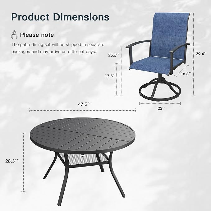 VICLLAX 5 Pieces Patio Outdoor Dining Set, 4 Swivel Textilene Chairs and 47.2" Round Metal Table with Umbrella Hole for Porch, Deck, Garden, Black/Dark Blue