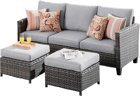 ovios 3 Pieces Patio Furniture Set Outdoor Sofa with Ottomans, Wicker Rattan Couch with Footrests Comfy Cushions, All Weather Sofas Couches for Porch Backyard Garden, Grey