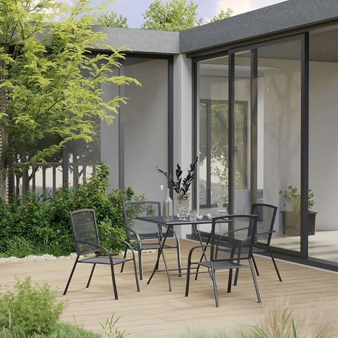 5 Piece Patio Dining Set, Metal Bistro Table and Chairs for Backyard Balcony, Powder Coated Steel Garden Furniture Set with 31.5 Inch Square Table, Anthracite