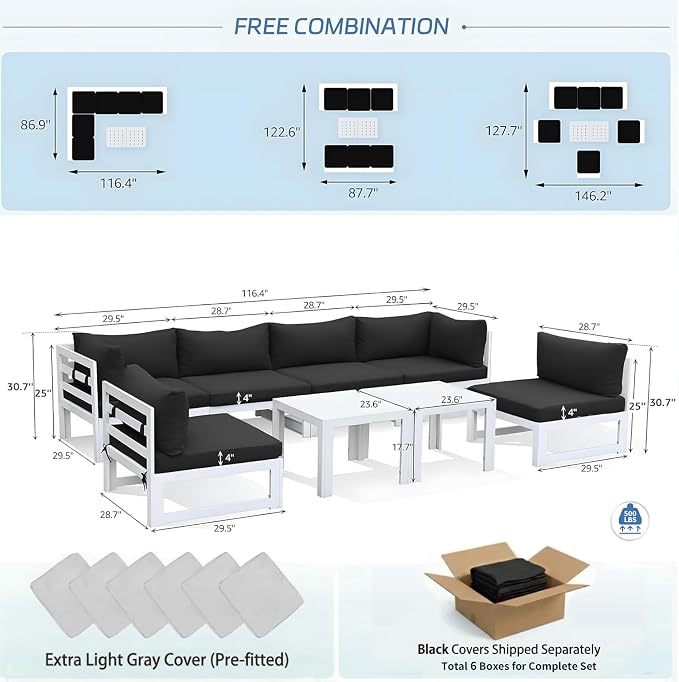 NICESOUL 8 Pcs L-Shaped Contemporary Aluminum Outdoor Furniture Set, 29" Deep Wide Large Couch Set, 500 lbs High Weight Capacity Modular Patio Sectional Sofa with Coffee Table for Garden Lawn, Black