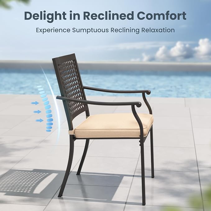PHI VILLA Outdoor Dining Set for 4, 37" Metal Table & Chairs w/Cushions | 5 pcs black wrought iron square furniture set. Polywood top table w/ umbrella hole. All weather for patio, deck, porch