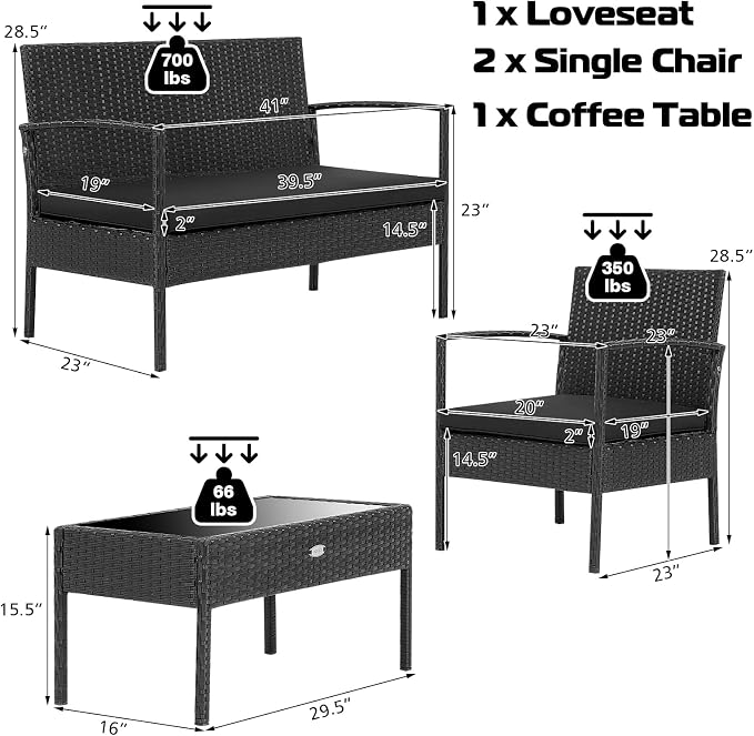 Tangkula 4 Piece Patio Rattan Conversation Set, Outdoor Wicker Furniture Set W/Glass Coffee Table, Solid Steel Structure, Ergonomic Seat, Suitable for Garden, Courtyard, Balcony, Poolside