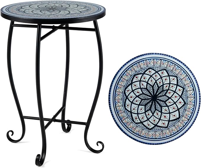 Giantex Outdoor Side Table, Blooming Lotus Mosaic Patio Accent Table, 14" Coffee End Table, Indoor Outdoor Metal Plant Stand for Porch Garden Balcony Desk