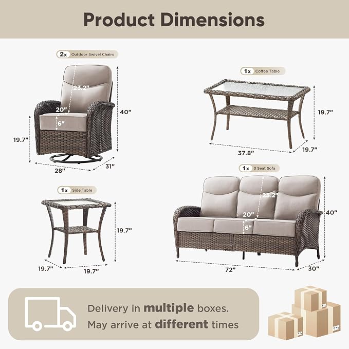 HUMMUH 9-Piece Patio Furniture Set with Upgraded 6" Thick Cushion - High Back Outdoor Swivel Rocker Chairs with 3-Seater Sofa Set of 2,Wicker Outdoor Conversation Set for Deck, Porch, Yard, Poolside