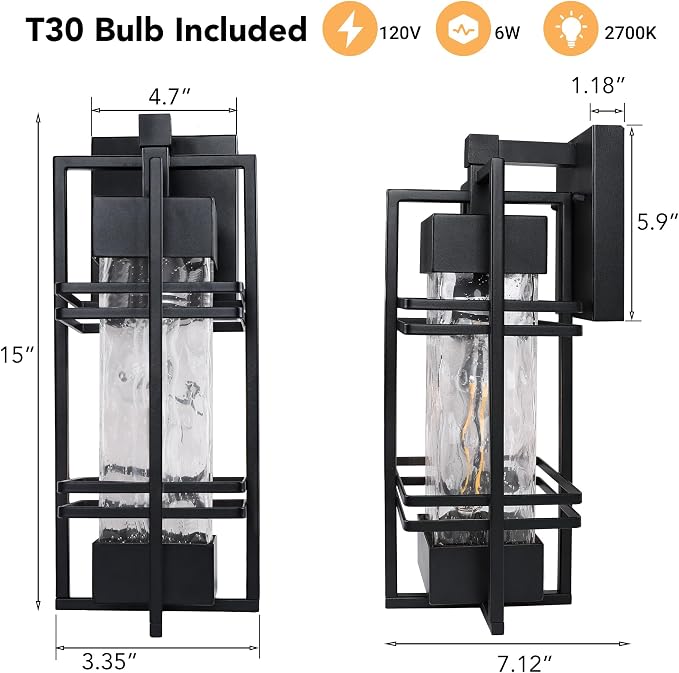 15" Outdoor Porch Light Fixtures Wall Mount, Modern Lantern Lamp,Black | Water Ripple Glass, Rustproof Metal Frame, Waterproof,E26 Base, T30 Bulbs Included, Wall Lantern for Porch, Garage